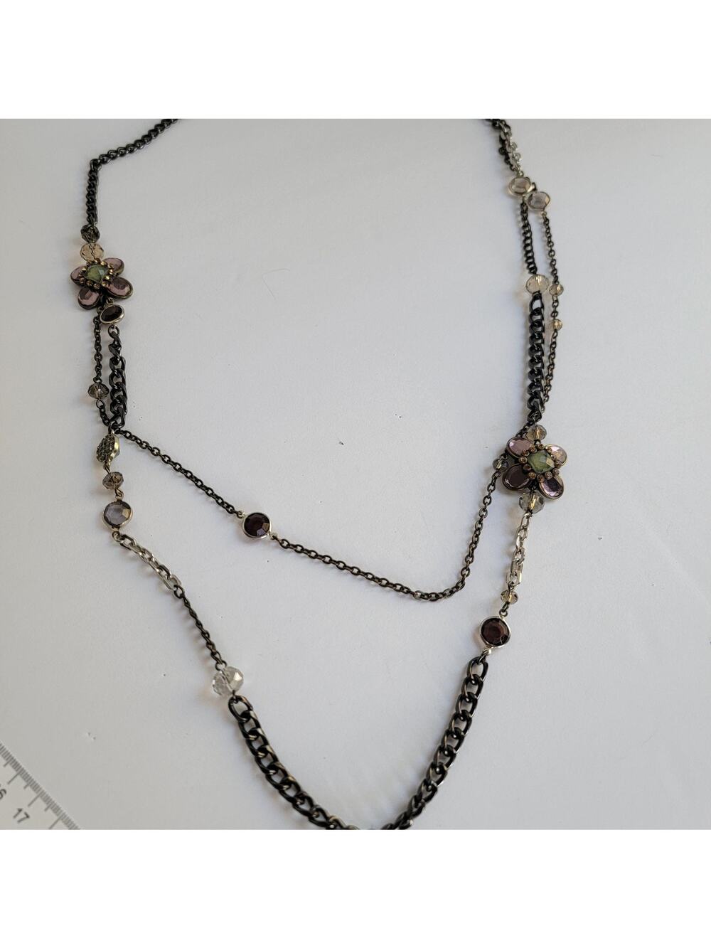 LOFT Purple Flower Station Necklace Glass Rhinestone Gunmetal Long Chain 30 In